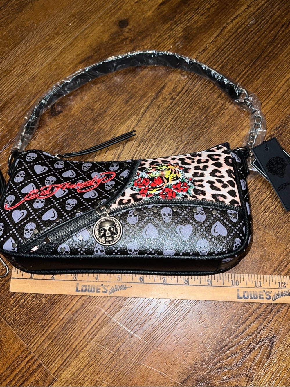 Ed Hardy Black Leopard Print Y2K Skull Shoulder Bag Crossbody Strap NWT - Picture 8 of 10